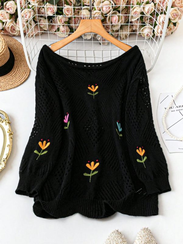 Plus Size Casual Autumn Plant Embroidery Knitted Sweater MA1