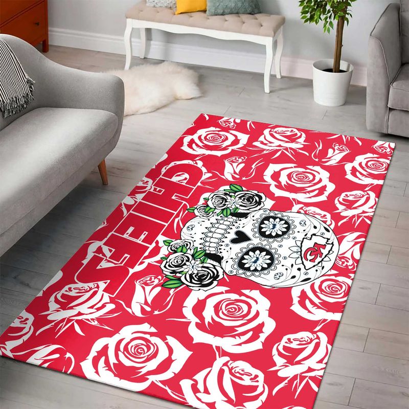 NFL Kansas City Chiefs Skull and Rose Pattern PREMIUM Area Rug
