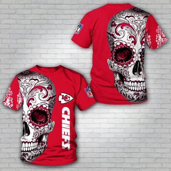 Kansas City Chiefs Floral Skull All Over Print 3d Men's And Women's T-Shirts Sizes S-5xl Dm376