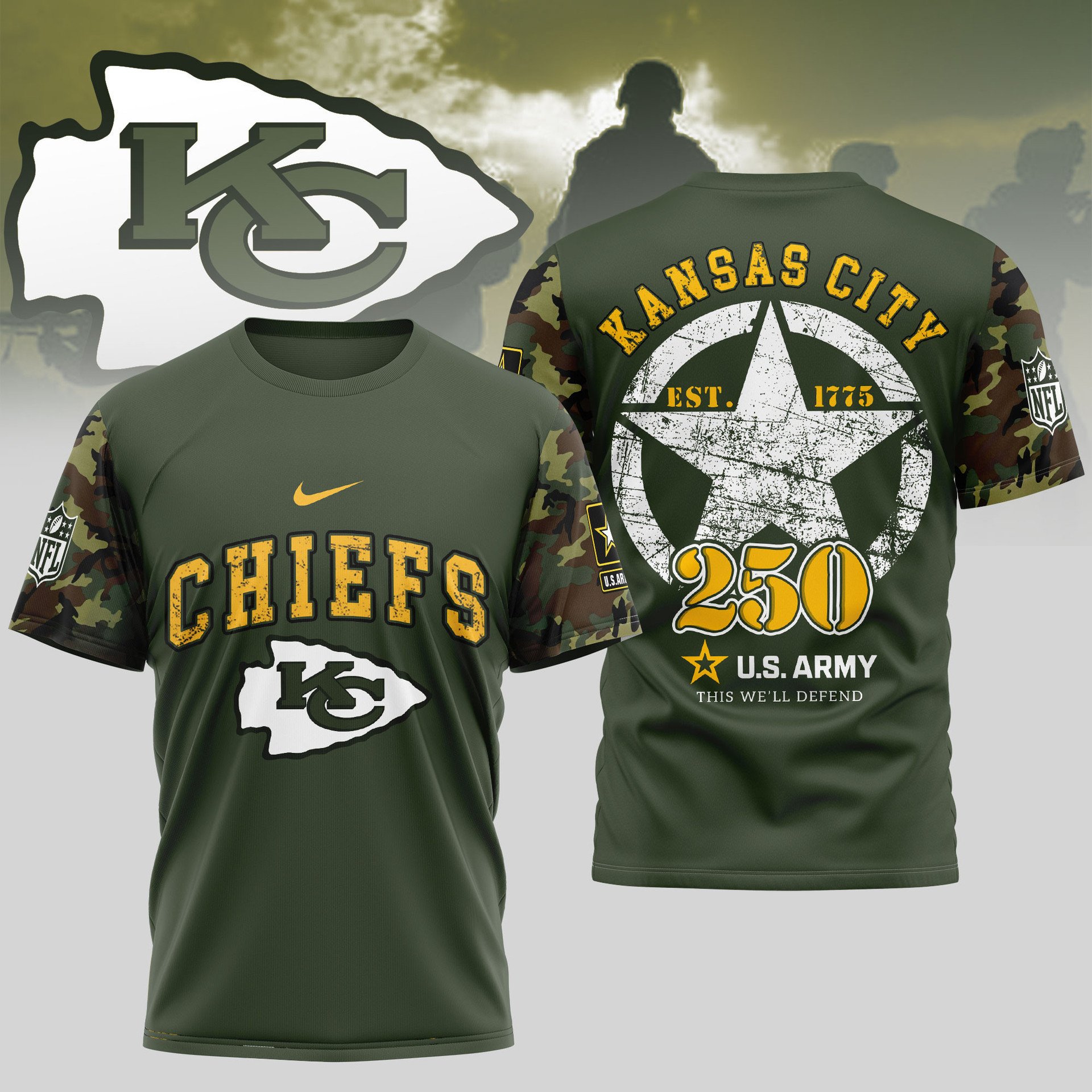 Kansas City Chiefs U.S.M.C 250 Years US Army Shirt